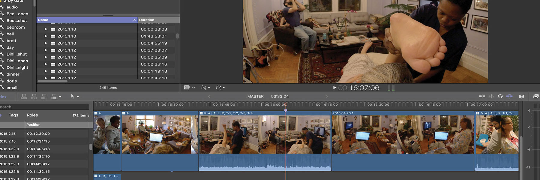 A screen capture of documentary footage being edited in Adobe software. 