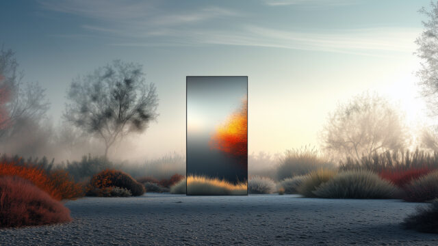 An image of a winter sky, stylized low bushes in red and sage, and bare trees. In the foreground, a reflective obelisk reminiscent of a cell phone stands in the center of the image. The obelisk reflects part of a stylized autumn red tree and a stylized bush with bright tips to its stems.
